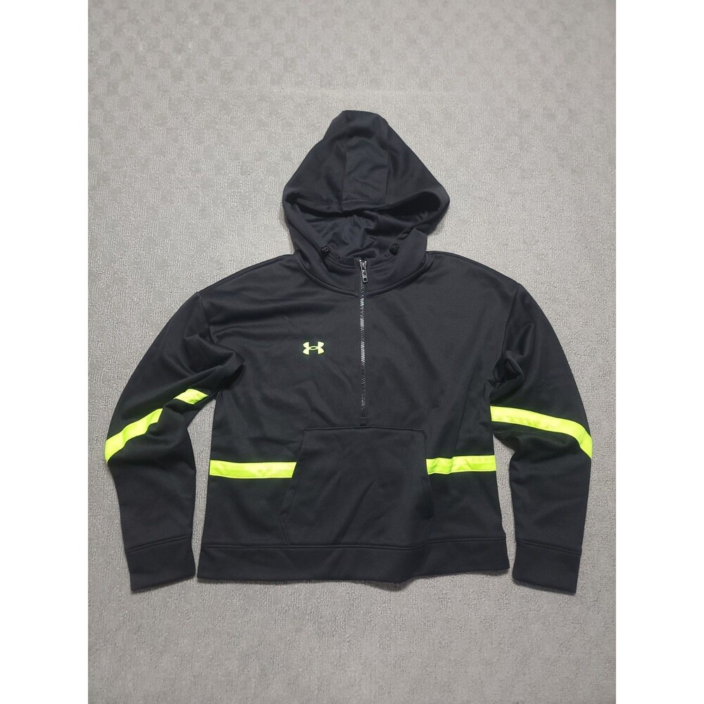Under Armour HeatGear Hoodie Womens L Black Neon Yellow Pullover Sweatshirt